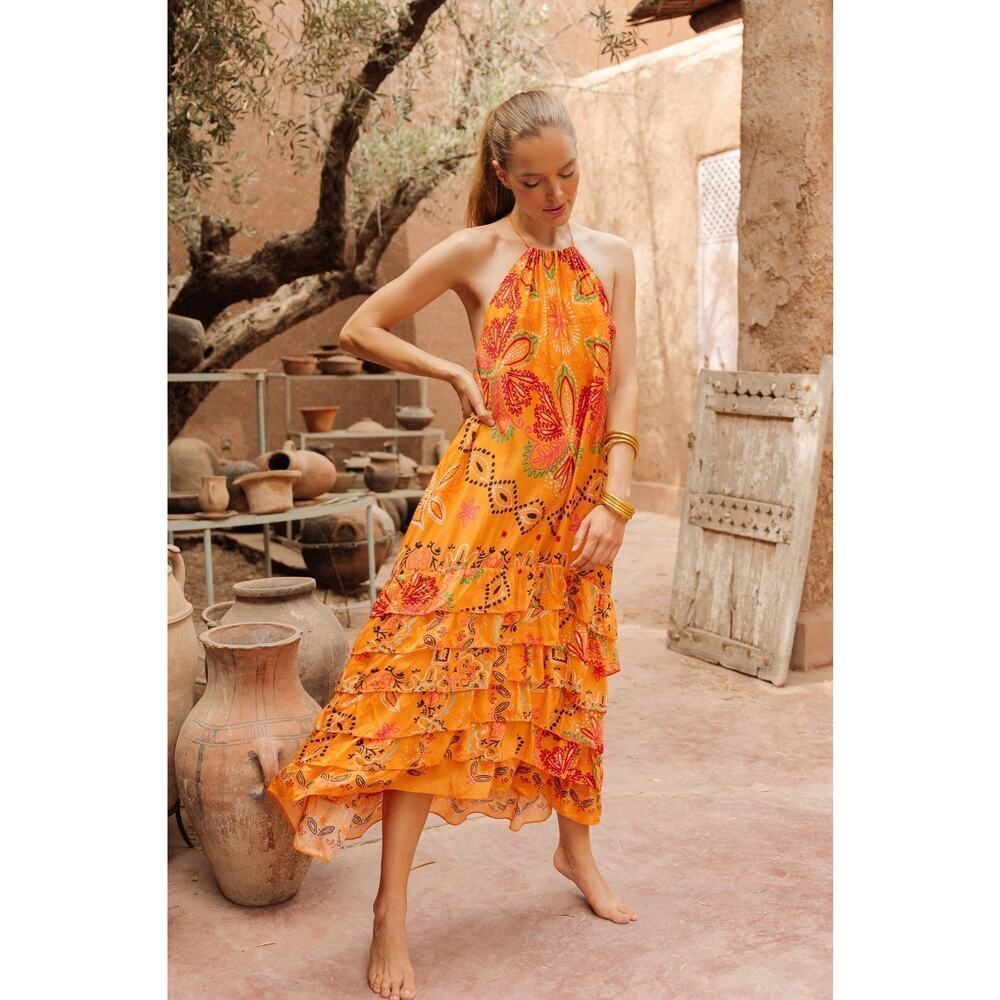 Sundress Maxi Dress M/L Floral Halter Tiered‎ Flounce Boho Resort Vacation Luxe - Picture 4 of 14